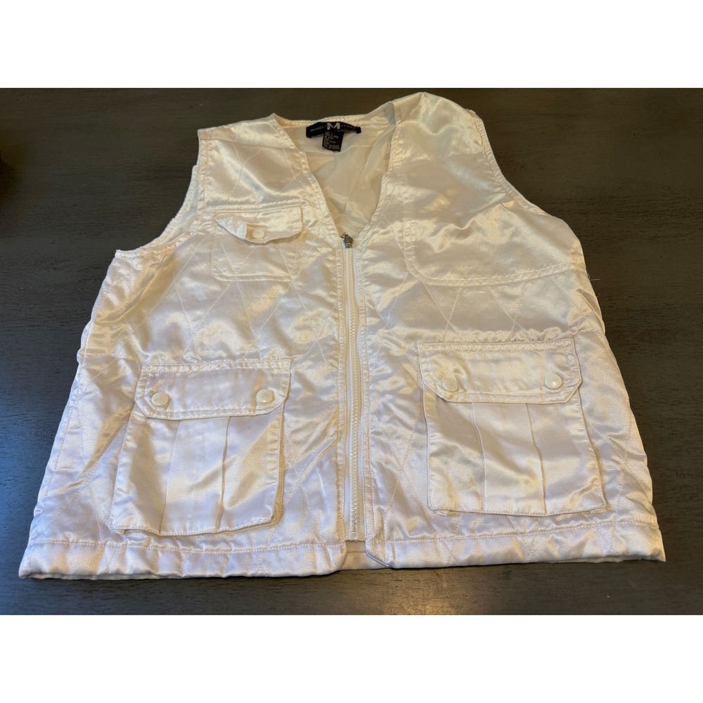 Mureli Sport Womens White Quilted Utility Vest Satin Full Zip Cargo Pockets L